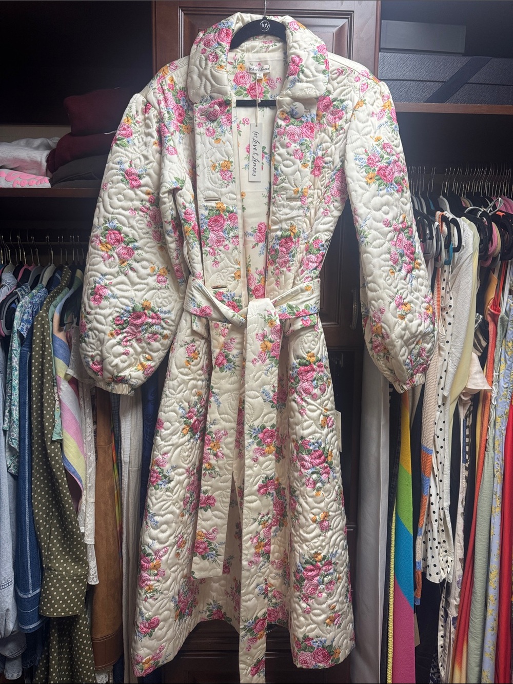 For Love & Lemons Cream Quilted Floral Trench Coat with Pink & Green Accents - Picture 2 of 7